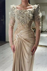 Glamorous Champagne Mermaid Square Beaded Long Sleeve Ruffle Satin Evening Dresses With Pearls And Handmake Flowers